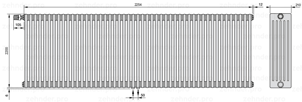Схема (чертеж) Радиатор Zehnder Charleston 6220/49 №V007 Белый глянцевый RAL 9016